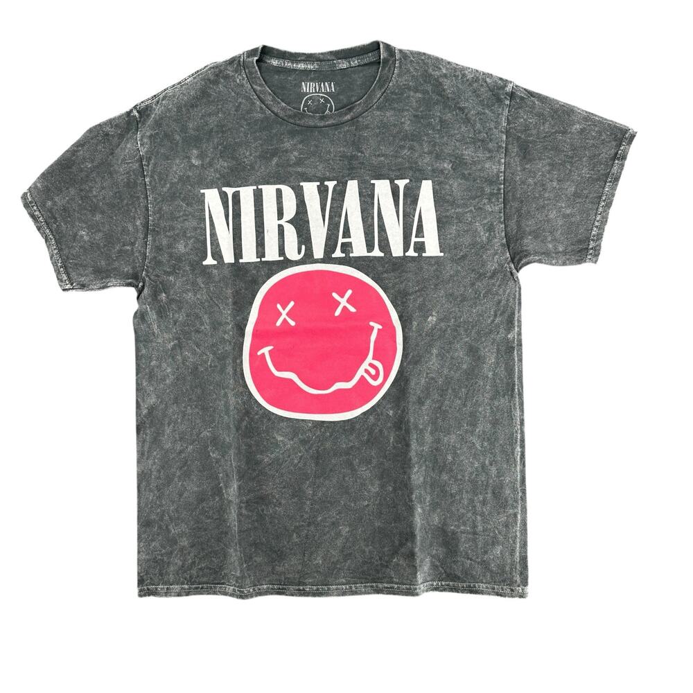 Nirvana Smiley Face Gray Hot Pink Women’s T-Shirt Small Grunge Band Tee